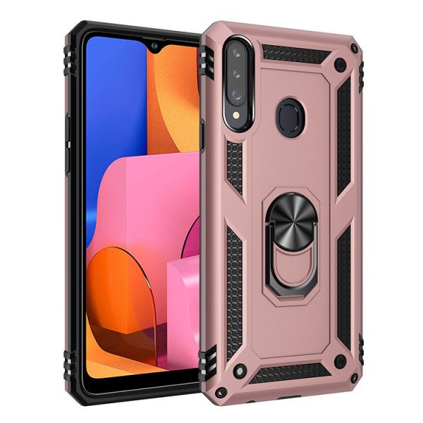 Wholesale Samsung Galaxy A20S Tech Armor Ring Grip Case with Metal Plate (Rose Gold)